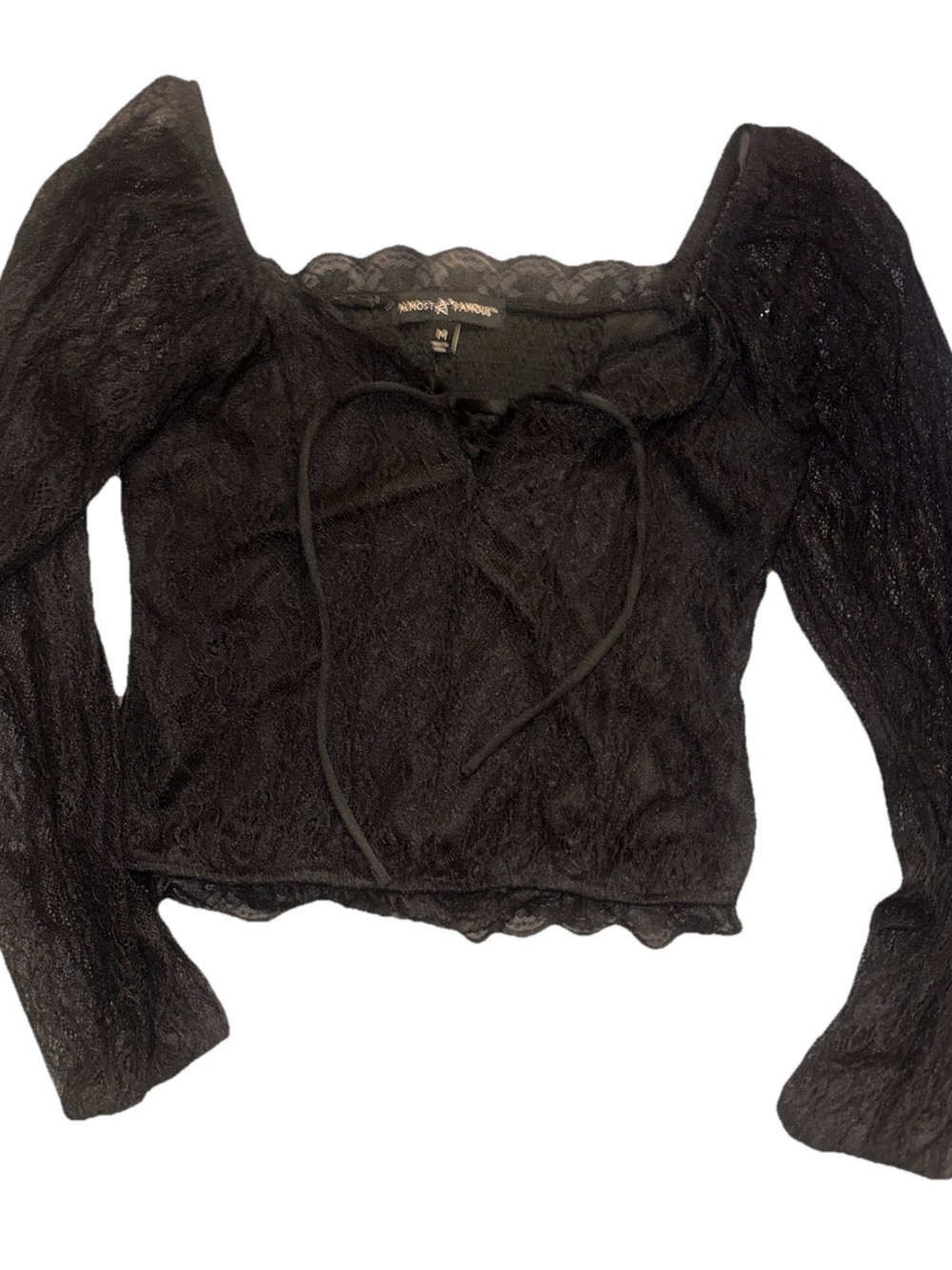 Black Lace Long-Sleeve Tie-Front Top Size M